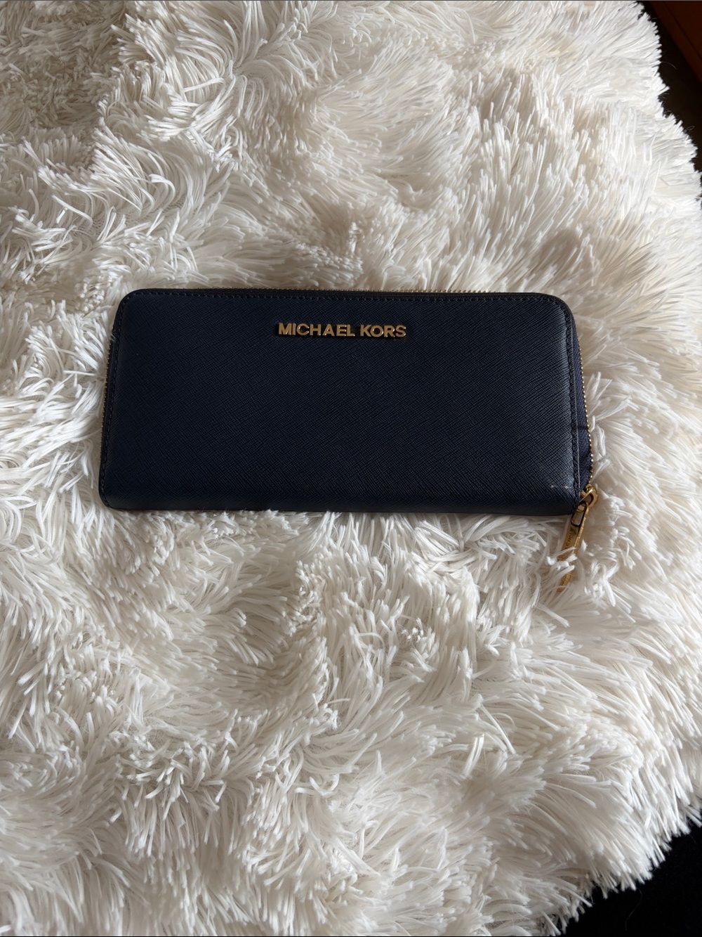 Michael Kors Navy Saffiano Zip Wallet with Gold Logo